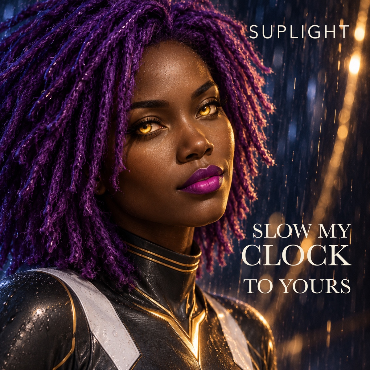 Slow My Clock to Yours cover: a three-quarter portrait of Suplight with violet locs, amber eyes and a silver-and-gold suit, against falling rain and golden light.