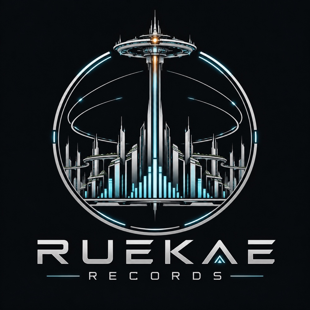 Ruekae Records emblem: a futuristic city and orbital station connected by a central tower, with cyan audio-level lights.